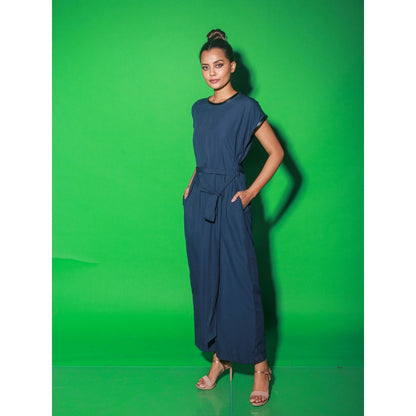 Echke Blue Jumpsuit With Tie-Up And Black Leather Piping Around The Neck (Set of 2)