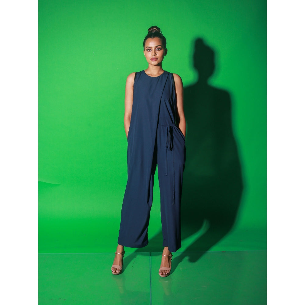 Echke Blue Full Length Sleeveless Jumpsuit With Side Tie-Up Feature On The Waist