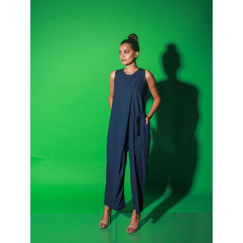 Echke Blue Full Length Sleeveless Jumpsuit With Side Tie-Up Feature On The Waist