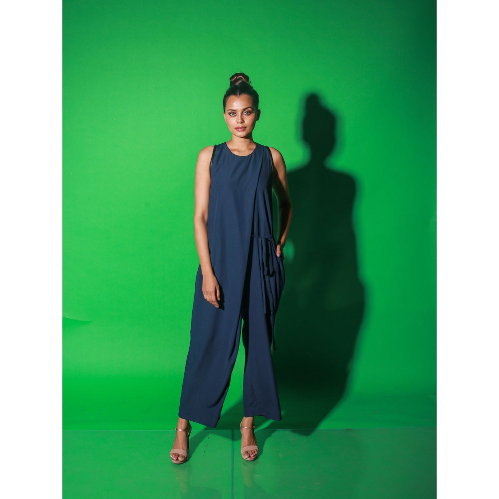 Echke Blue Full Length Sleeveless Jumpsuit With Side Tie-Up Feature On The Waist