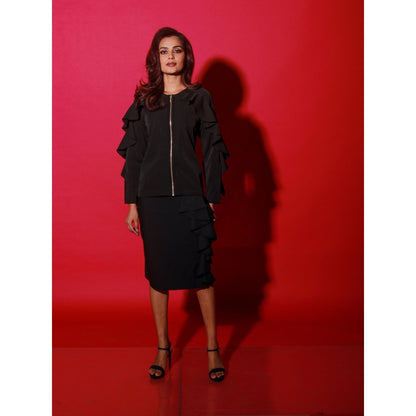 Echke Black Top With Frill Feature From Sleeves Across The Neck And Skirt (Set of 2)