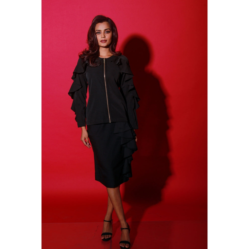 Echke Black Top With Frill Feature From Sleeves Across The Neck And Skirt (Set of 2)