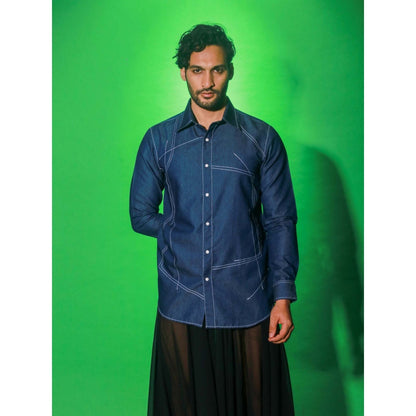 Echke Navy Blue Denim Solid Shirt