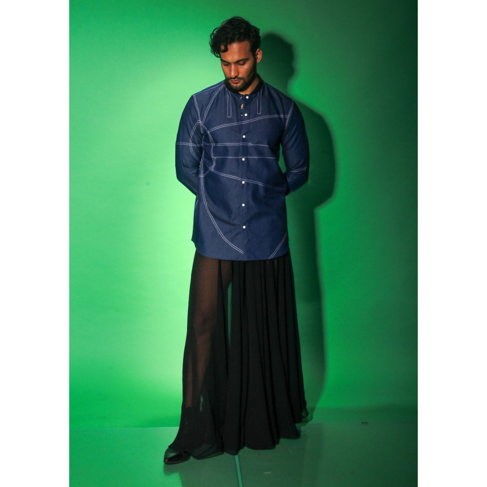 Echke Navy Blue Solid Denim Shirt