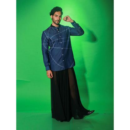 Echke Navy Blue Solid Denim Shirt