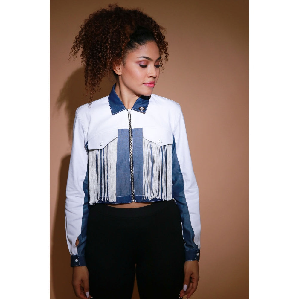 Echke White Light Denim and Dark Denim Crop Jacket with Silver Zipper Placket