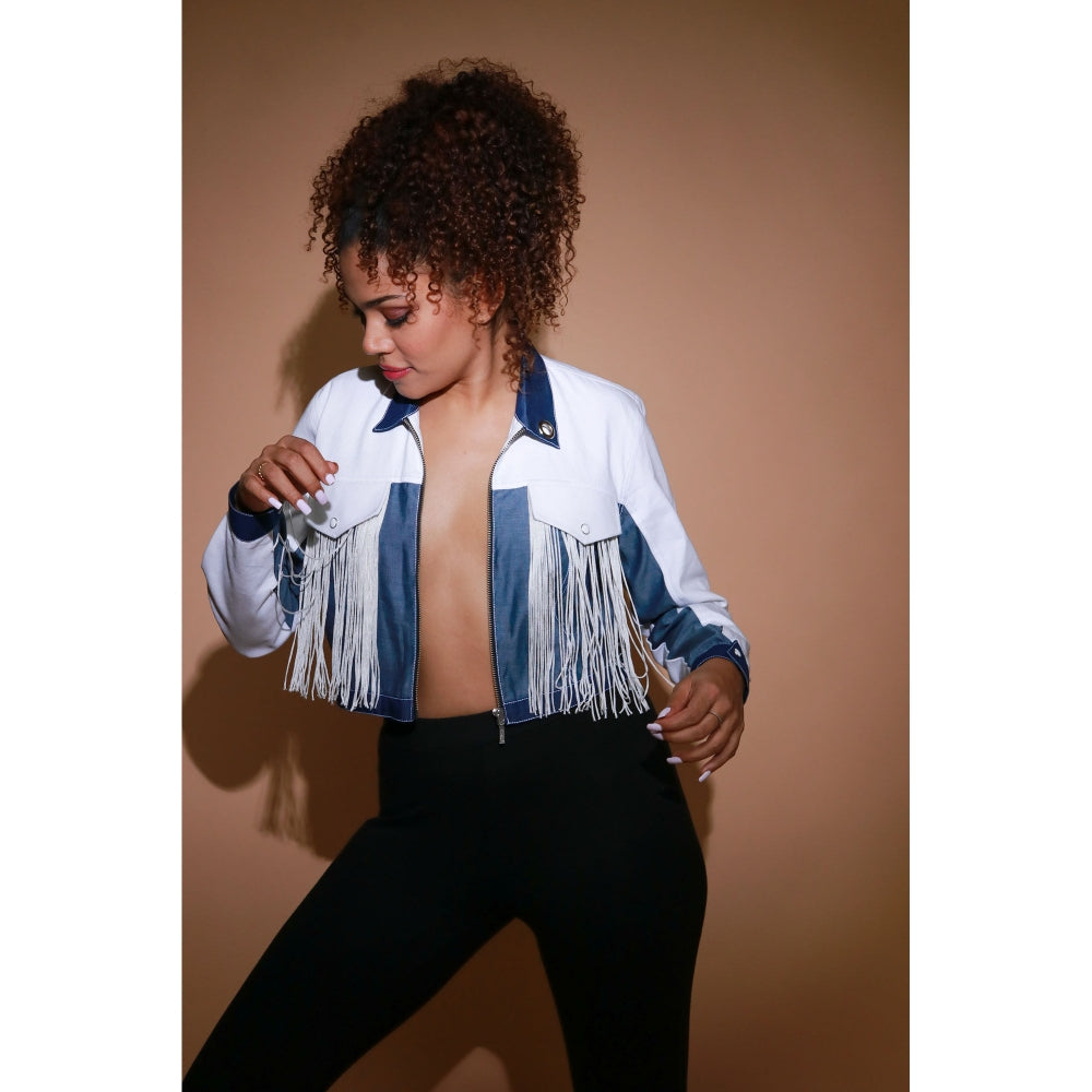 Echke White Light Denim and Dark Denim Crop Jacket with Silver Zipper Placket