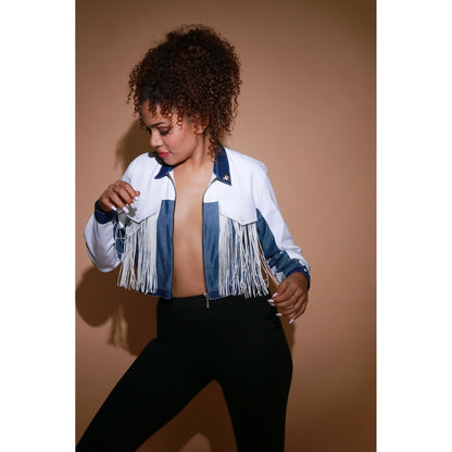 Echke White Light Denim and Dark Denim Crop Jacket with Silver Zipper Placket