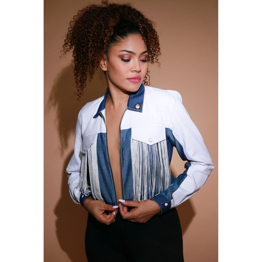 Echke White Light Denim and Dark Denim Crop Jacket with Silver Zipper Placket