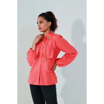 Echke Coral Linen Shirt with Detached Pockets and Eyelet and Zip Feature