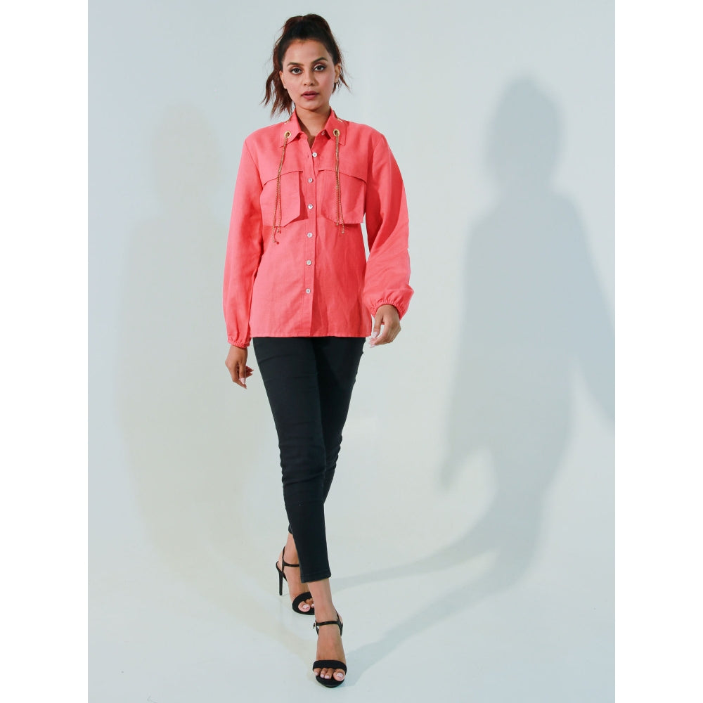 Echke Coral Linen Shirt with Detached Pockets and Eyelet and Zip Feature