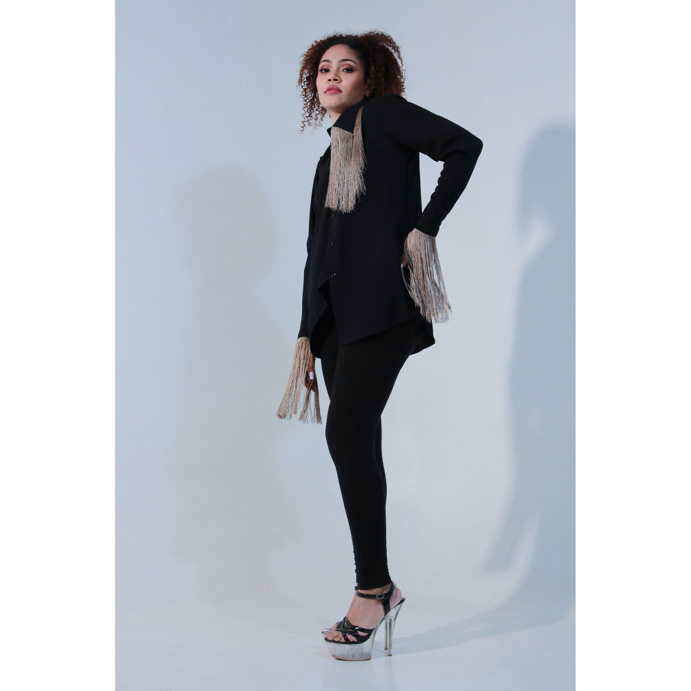 Echke Black Rayon Full Sleeves Shirt with Detached Attached Collar and Tassels Feature