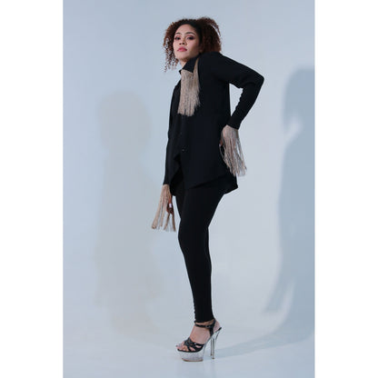 Echke Black Rayon Full Sleeves Shirt with Detached Attached Collar and Tassels Feature