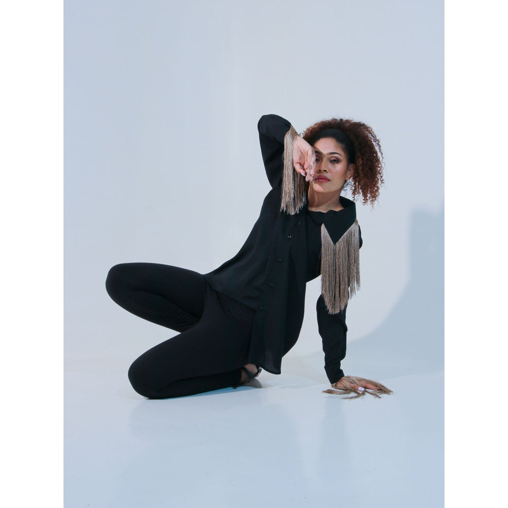 Echke Black Rayon Full Sleeves Shirt with Detached Attached Collar and Tassels Feature