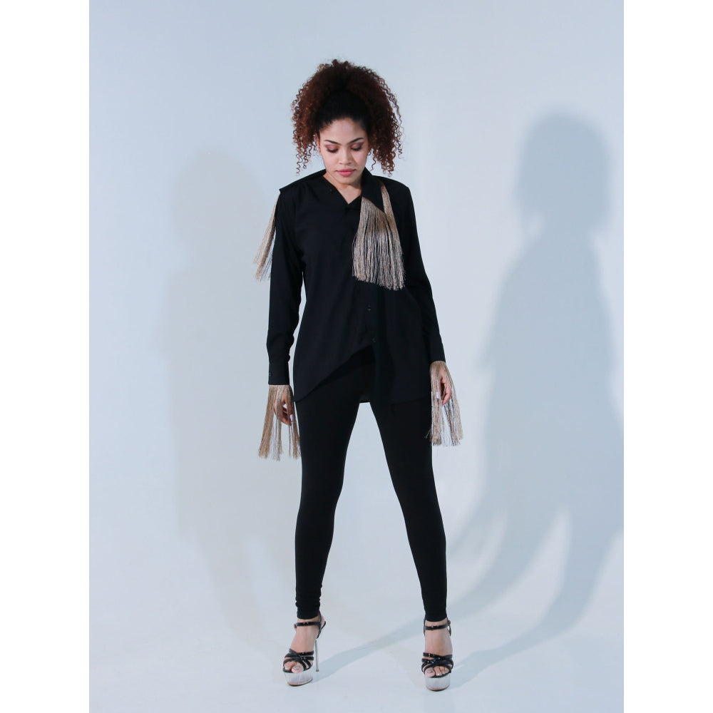 Echke Black Rayon Full Sleeves Shirt with Detached Attached Collar and Tassels Feature