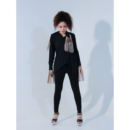 Echke Black Rayon Full Sleeves Shirt with Detached Attached Collar and Tassels Feature