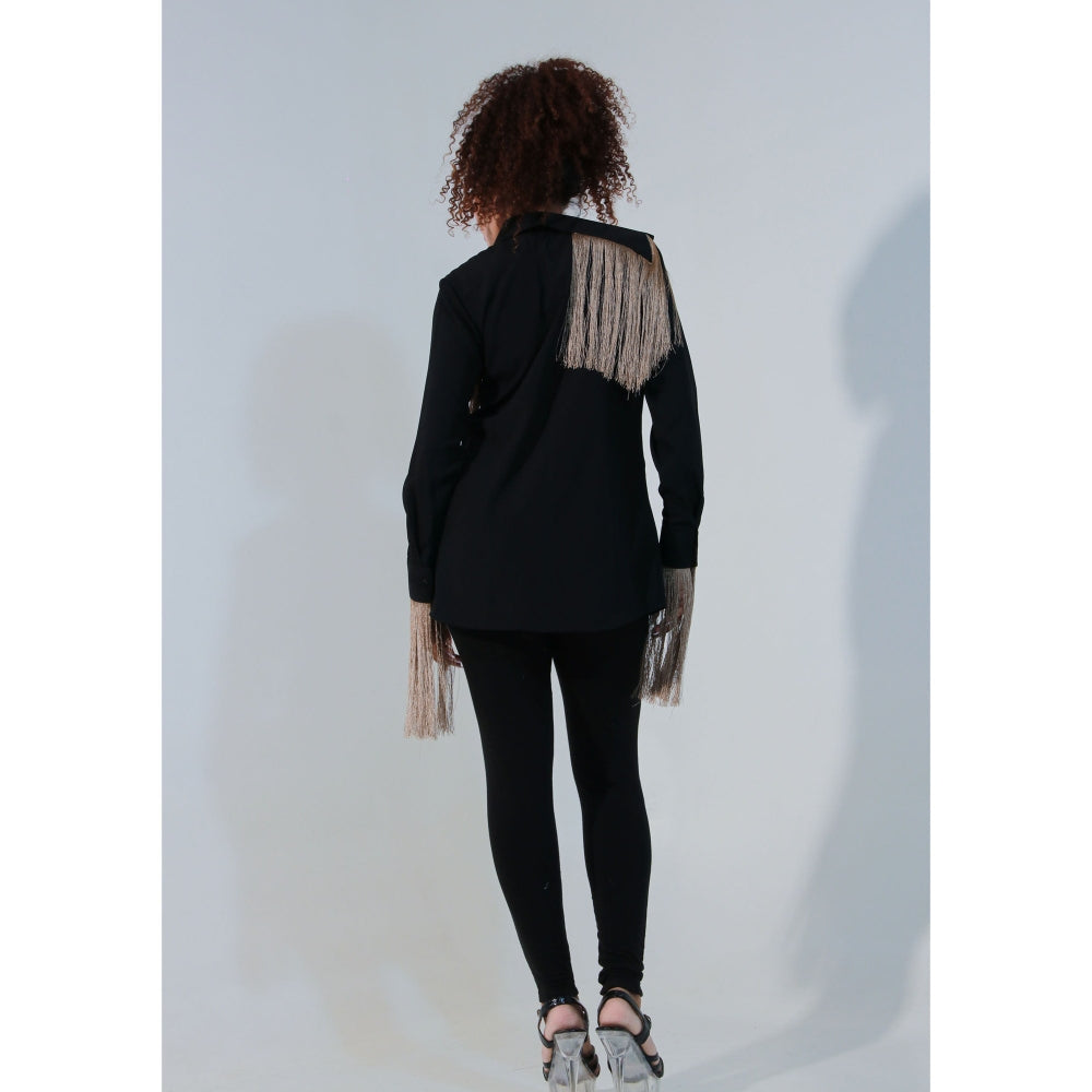 Echke Black Rayon Full Sleeves Shirt with Detached Attached Collar and Tassels Feature