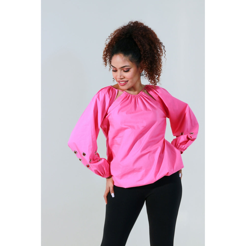 Echke Pink Waist Elasticated Top with Rouged String Feature