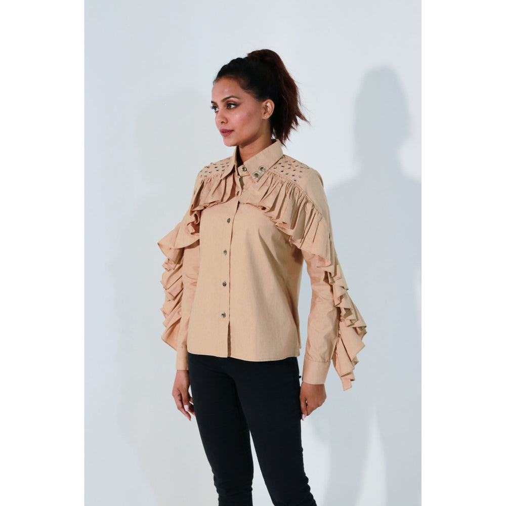 Echke Khaki Ruffled Shirt with Eyelit Feature Shoulders and Collar