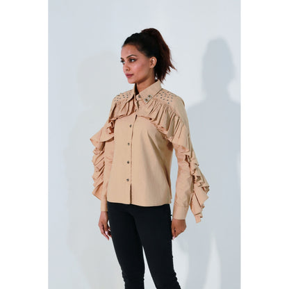 Echke Khaki Ruffled Shirt with Eyelit Feature Shoulders and Collar