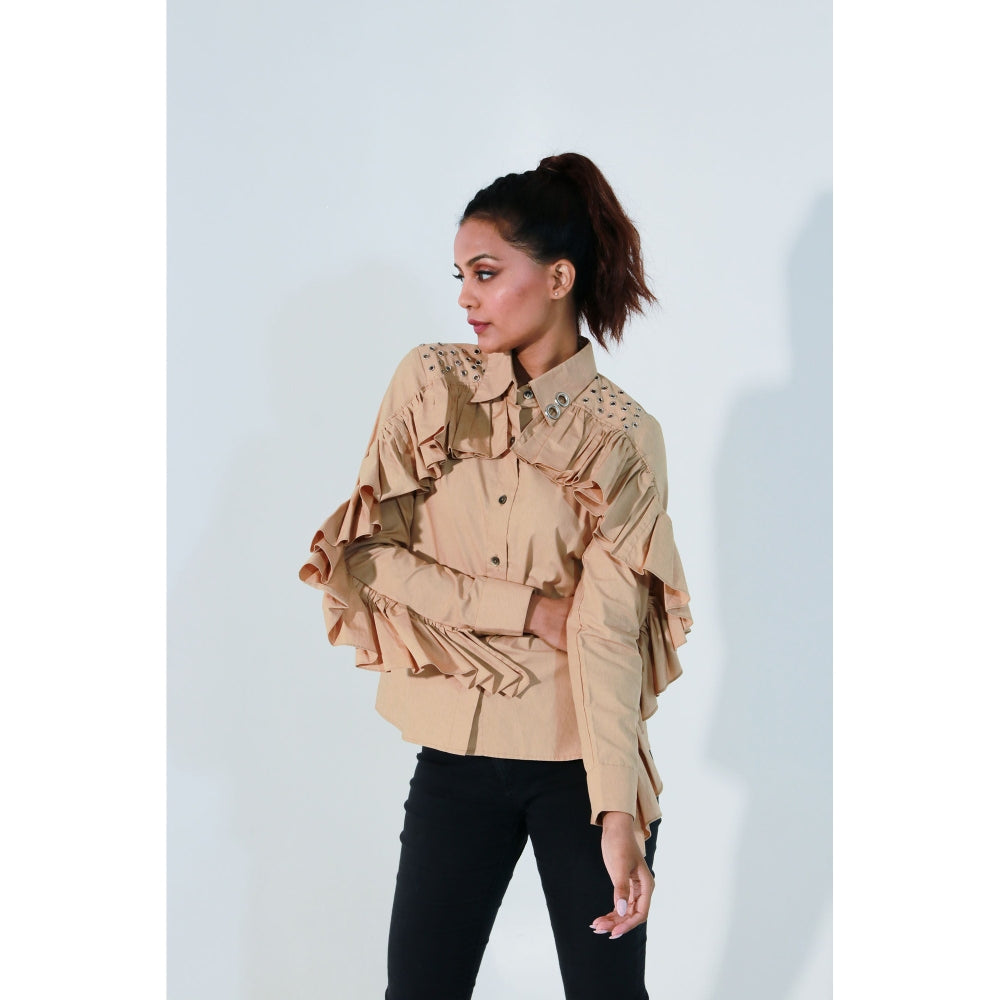 Echke Khaki Ruffled Shirt with Eyelit Feature Shoulders and Collar