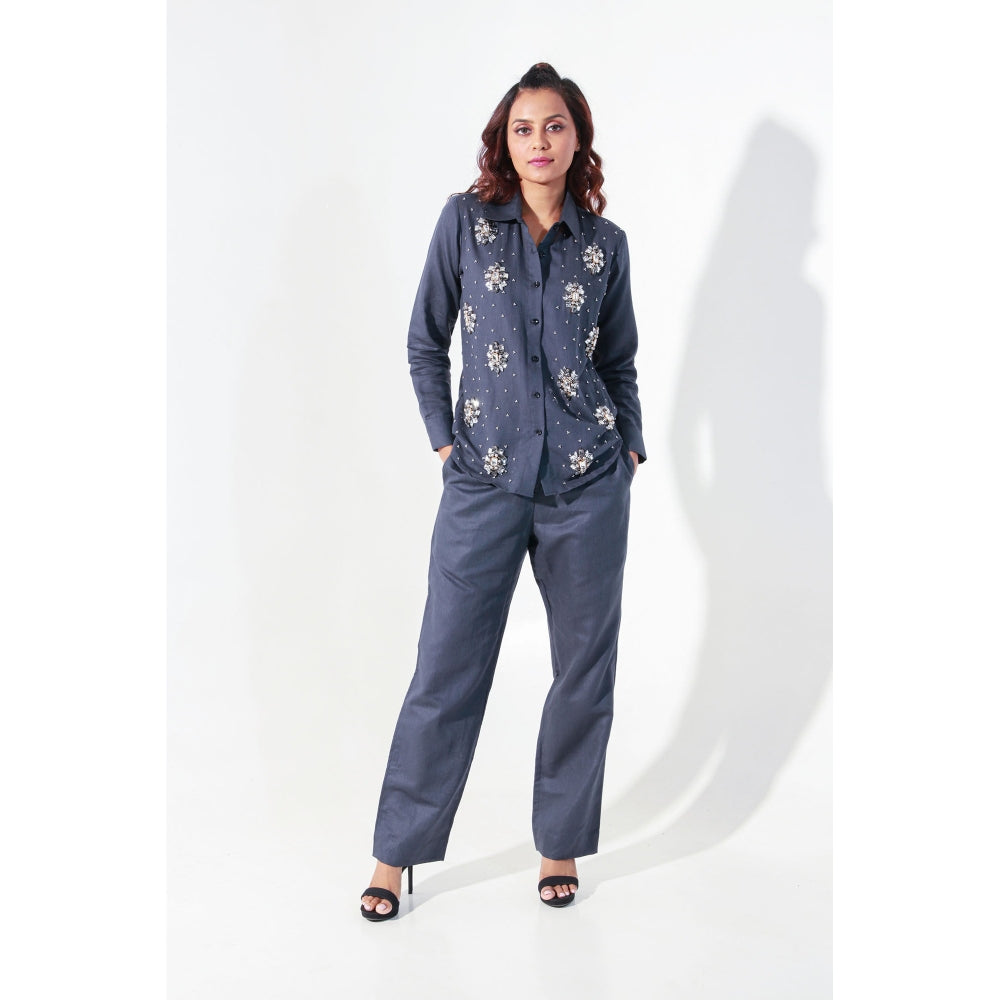 Echke Charcoal Linen Co-Ord with Embroidery (Set of 2)