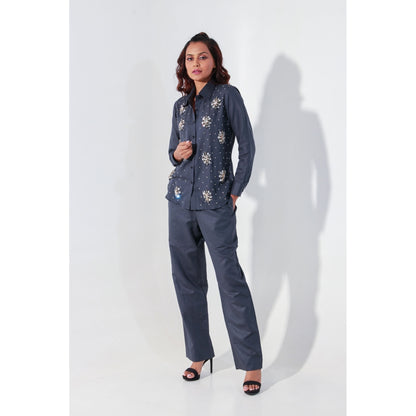 Echke Charcoal Linen Co-Ord with Embroidery (Set of 2)