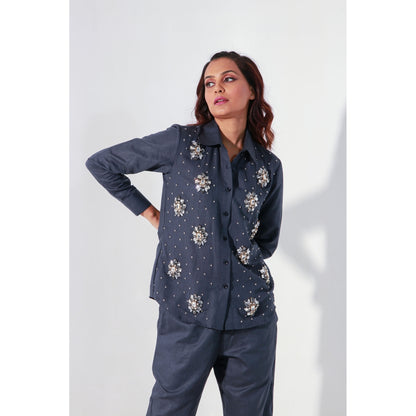 Echke Charcoal Linen Co-Ord with Embroidery (Set of 2)