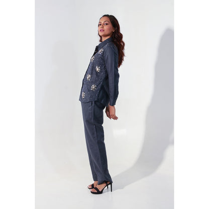 Echke Charcoal Linen Co-Ord with Embroidery (Set of 2)