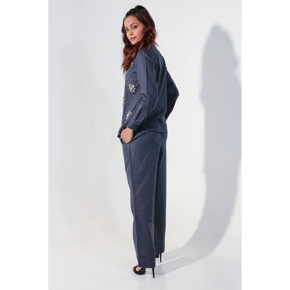 Echke Charcoal Linen Co-Ord with Embroidery (Set of 2)