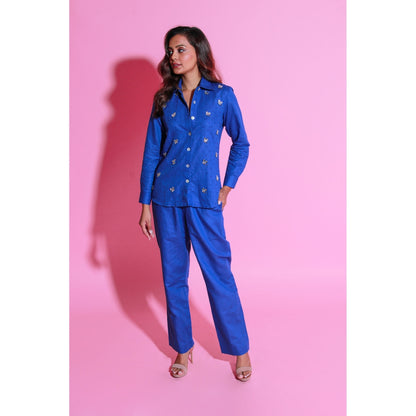 Echke Ink Blue Linen Co-Ord with Embroidery (Set of 2)