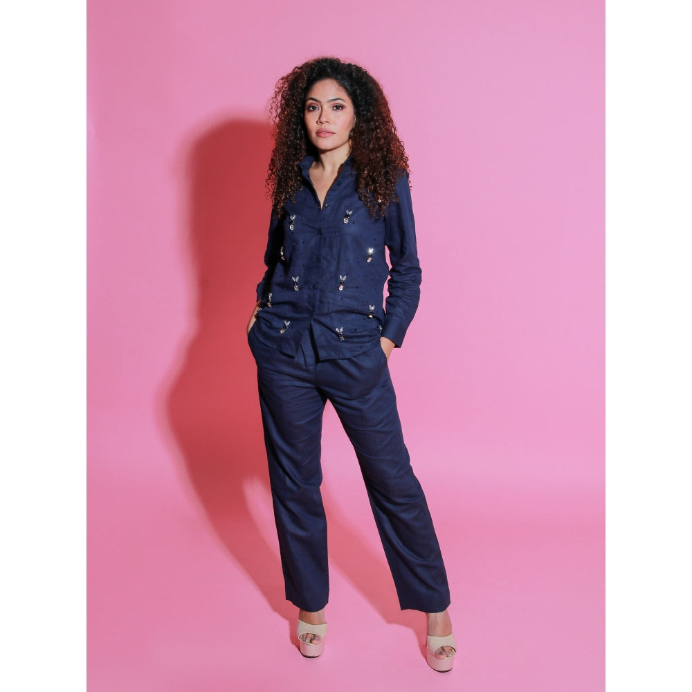 Echke Navy Blue Linen Co-Ord with Embroidery (Set of 2)