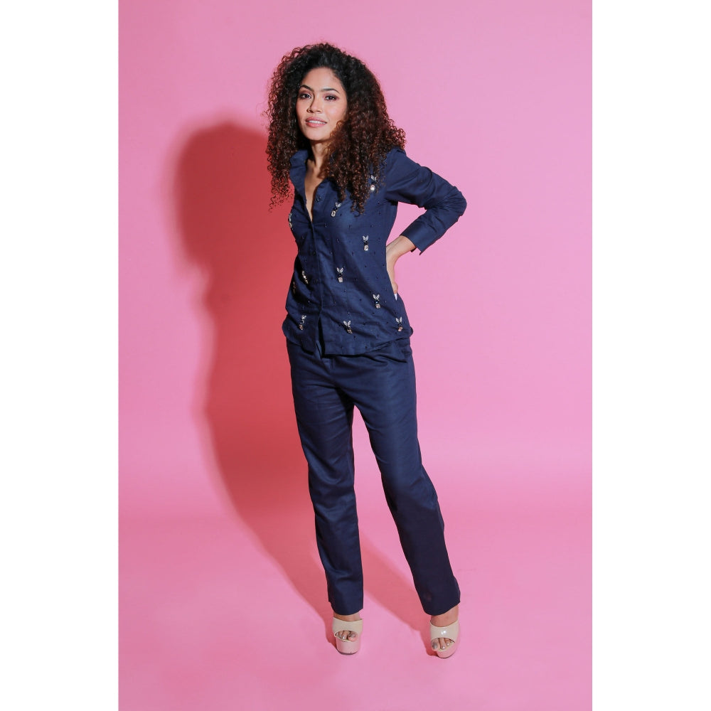 Echke Navy Blue Linen Co-Ord with Embroidery (Set of 2)