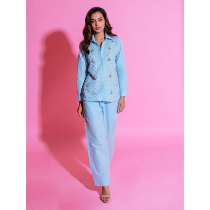Echke Light Blue Linen Co-Ord with Embroidery (Set of 2)