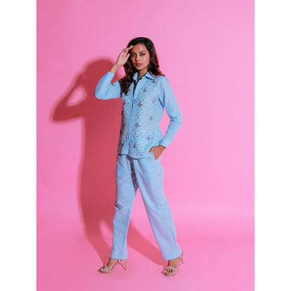 Echke Light Blue Linen Co-Ord with Embroidery (Set of 2)