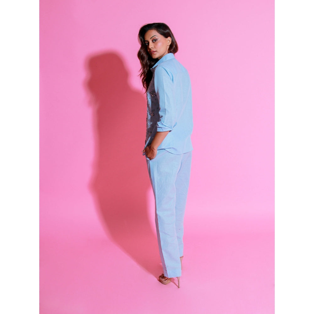 Echke Light Blue Linen Co-Ord with Embroidery (Set of 2)