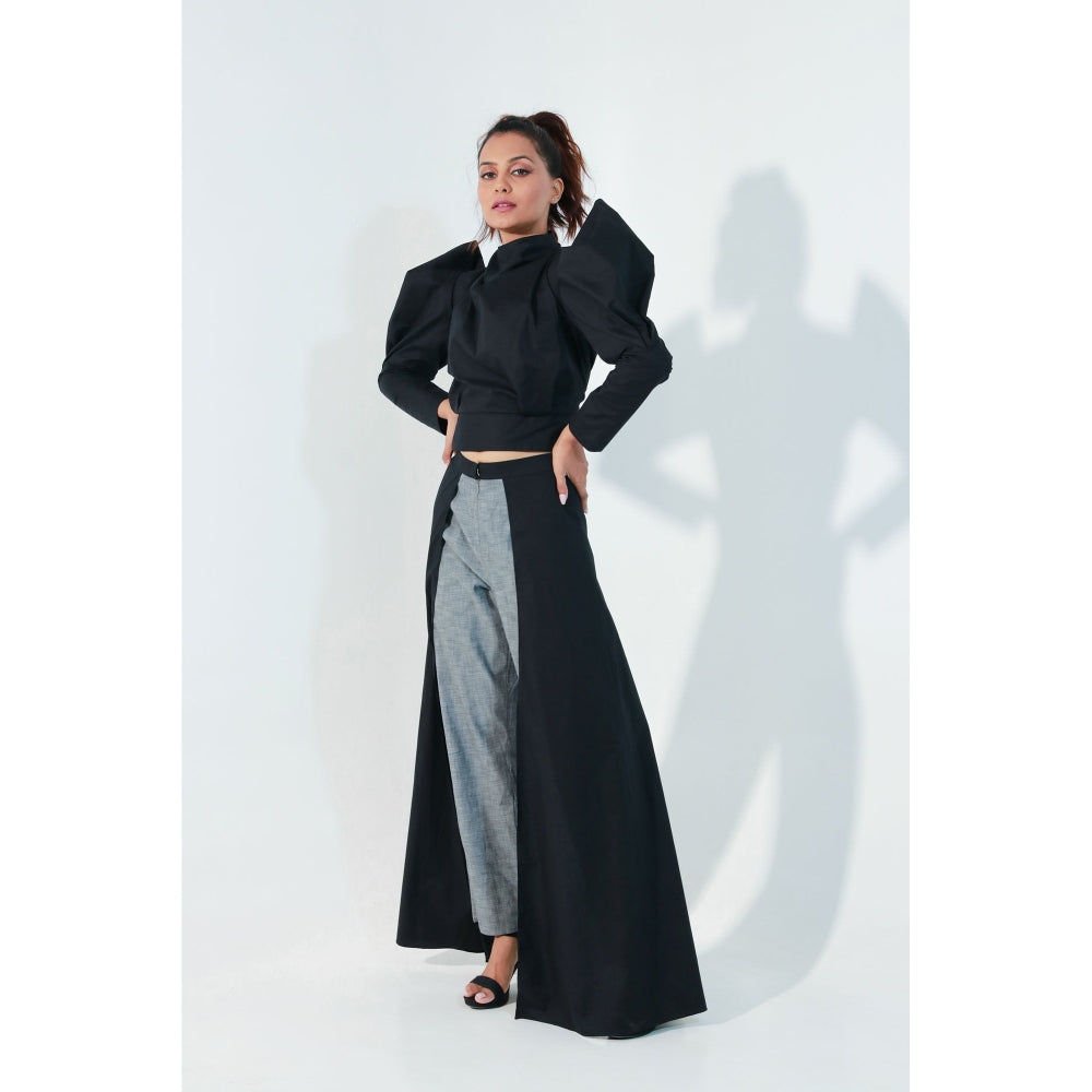 Echke Black Structured Crop Top with Subtle Drapes and High Waisted Pants (Set of 2)