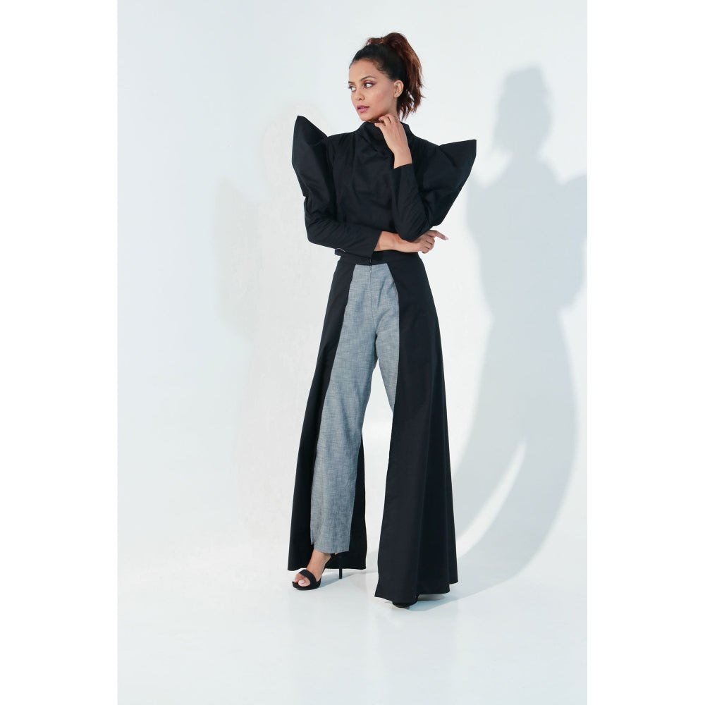 Echke Black Structured Crop Top with Subtle Drapes and High Waisted Pants (Set of 2)