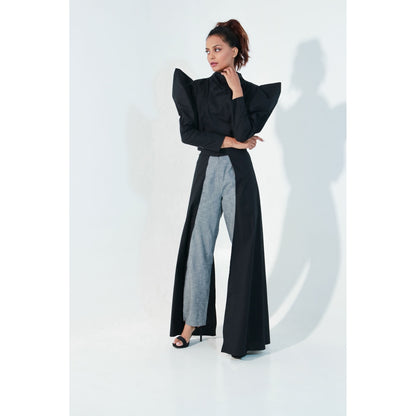 Echke Black Structured Crop Top with Subtle Drapes and High Waisted Pants (Set of 2)