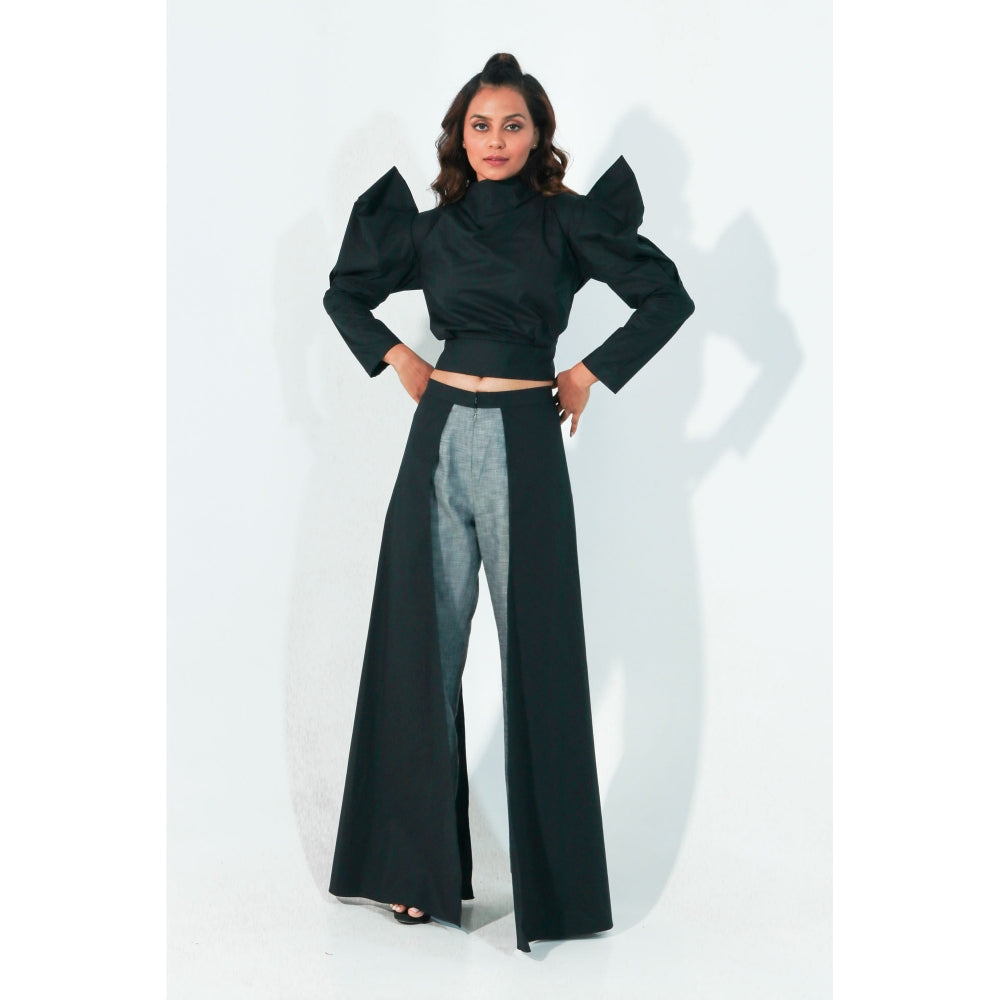 Echke Black Structured Crop Top with Subtle Drapes and High Waisted Pants (Set of 2)