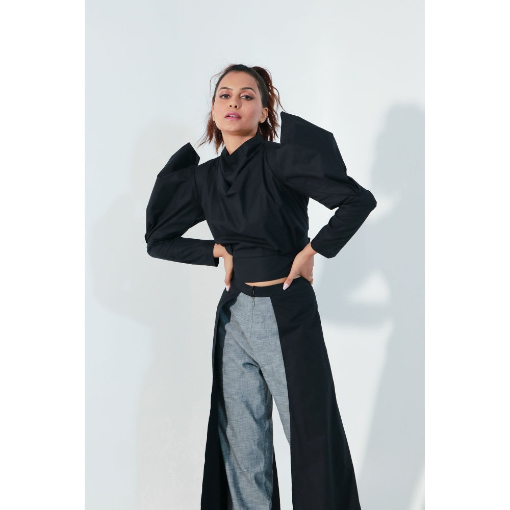 Echke Black Structured Crop Top with Subtle Drapes and High Waisted Pants (Set of 2)