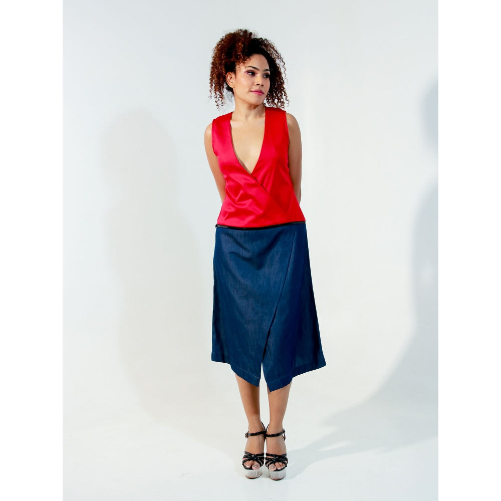 Echke Red and Denim Waist Zippered Dress