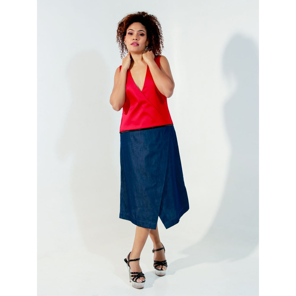 Echke Red and Denim Waist Zippered Dress