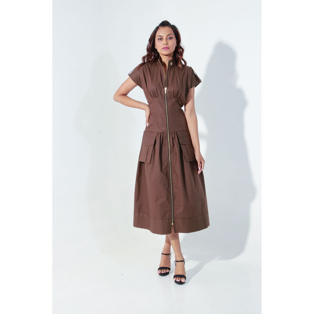 Echke Chocolate Brown Midi Dress with Quilting Feature and Zipper Placket