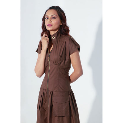 Echke Chocolate Brown Midi Dress with Quilting Feature and Zipper Placket