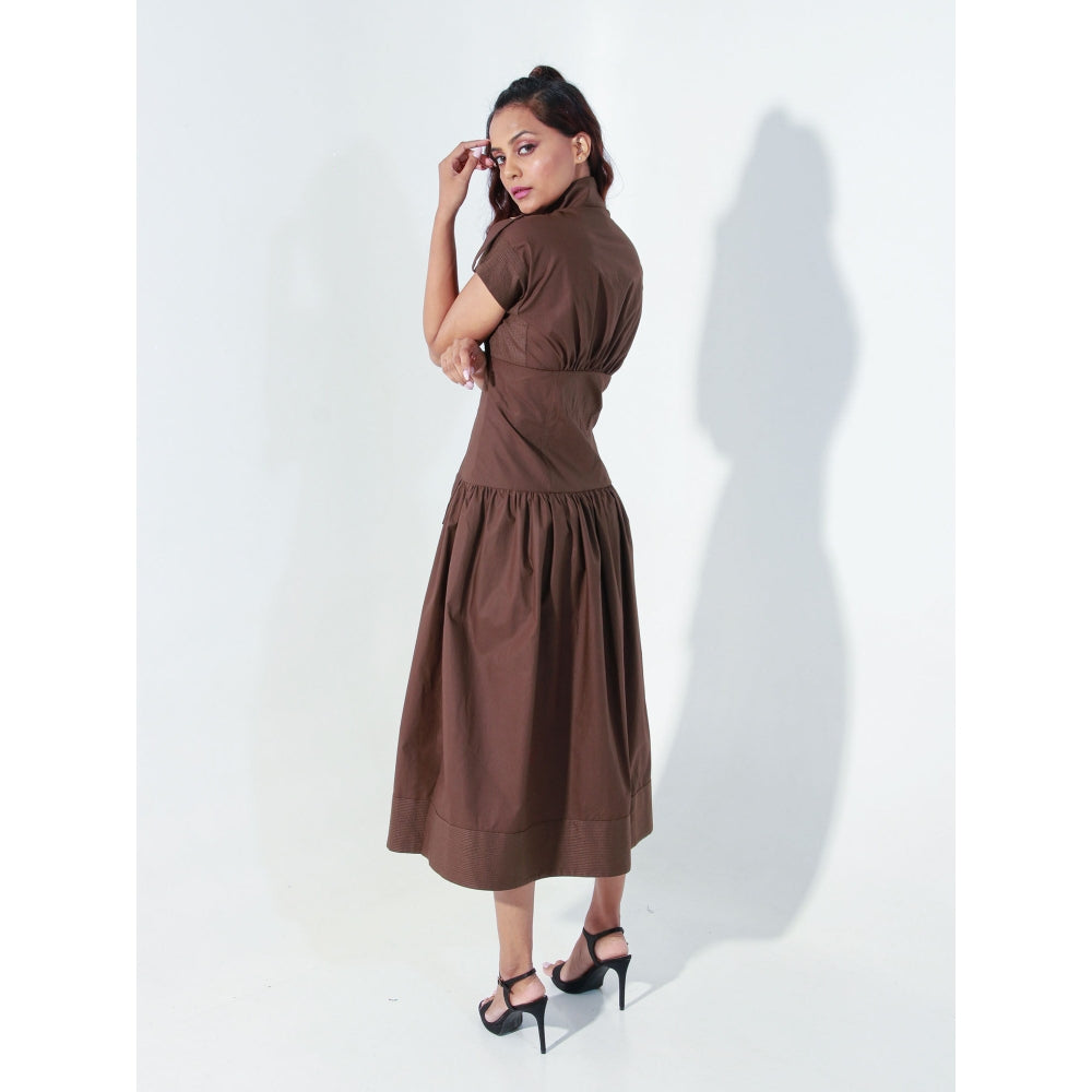 Echke Chocolate Brown Midi Dress with Quilting Feature and Zipper Placket
