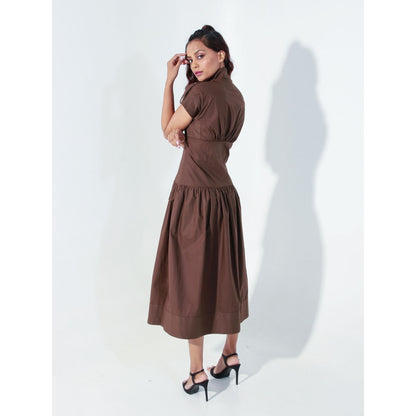 Echke Chocolate Brown Midi Dress with Quilting Feature and Zipper Placket