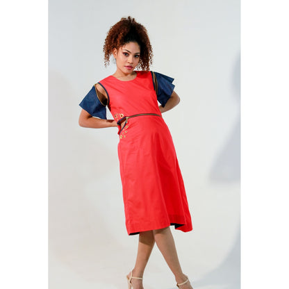 Echke Coral Sleeveless Dress with Waist Zipper and Cut Out Feature
