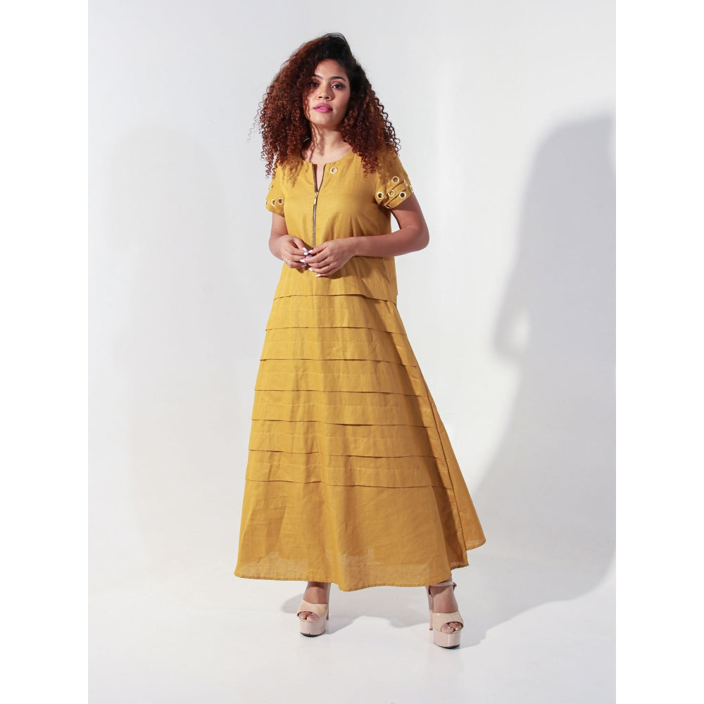 Echke Ochre Linen Long Dress with Self Panels and Tie-Up Feature At The Back
