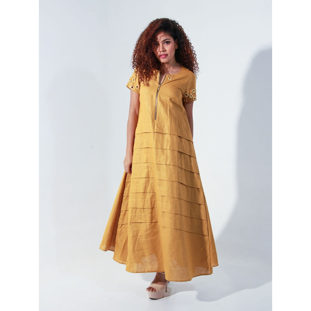 Echke Ochre Linen Long Dress with Self Panels and Tie-Up Feature At The Back